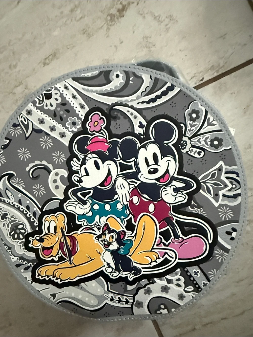 Vera Bradley cosmetic Grey Paisley Mickey, Minnie & Pluto Round Case
